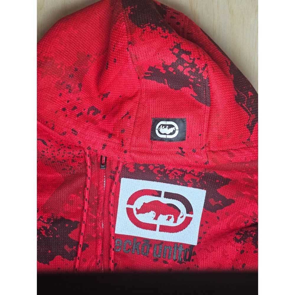 Vintage Ecko Unltd Mens‎ Red Black Splatter Full Zip Hoodie Large Rhino